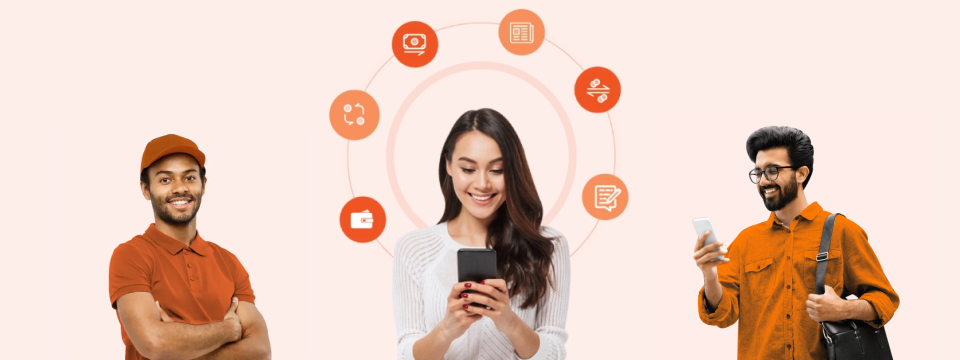 Three diverse young adults using smartphones, with digital icons representing financial transactions in a circular pattern behind the central figure.