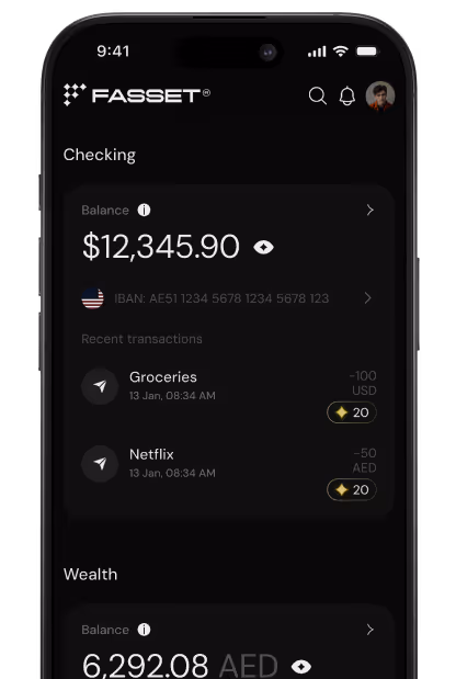 Mobile banking app screen showing checking account balance of $12,345.90 with recent transactions for Groceries and Netflix, each earning 20 reward points.
