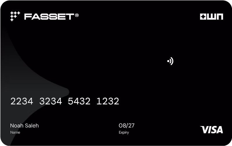 Black credit card with FASSET and WN logos, card number 2234 3234 5432 1232, cardholder name Noah Saleh, expiry date 08/27, and Visa logo.