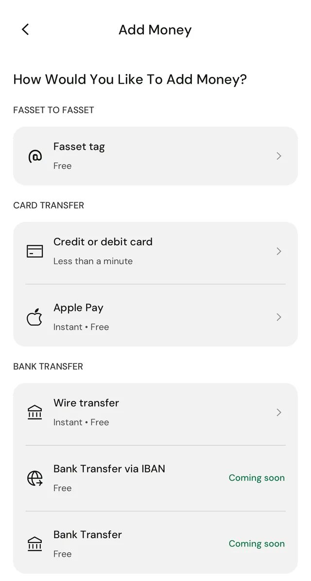 The Add Money screen in the Fasset app listing Fasset tag, Credit or debit card, Apple Pay, Wire transfer, and two bank transfer options marked Coming soon.