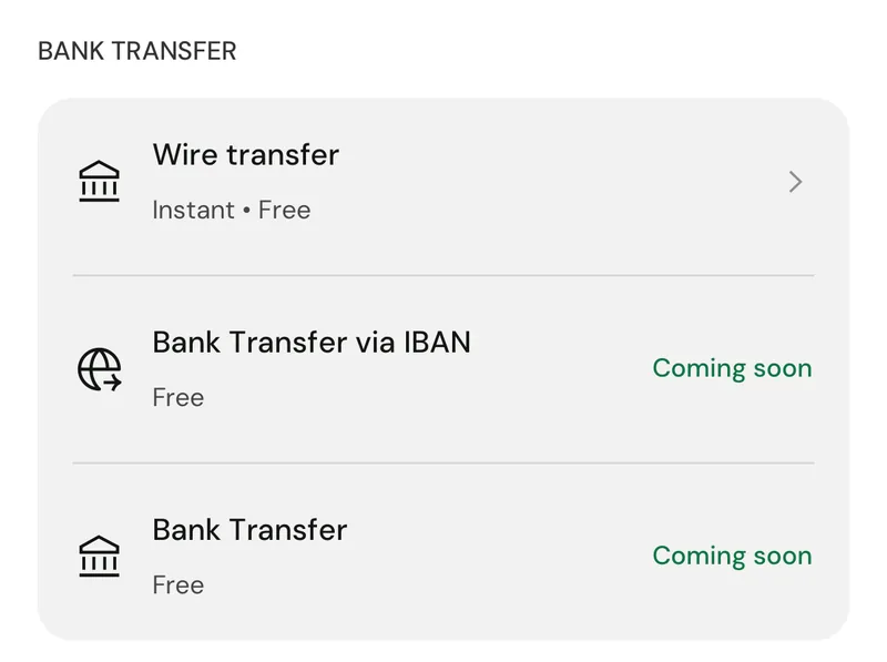 The Bank transfer section of the Add Money screen: Wire transfer, and Bank Transfer via IBAN and Bank Transfer marked Coming soon.