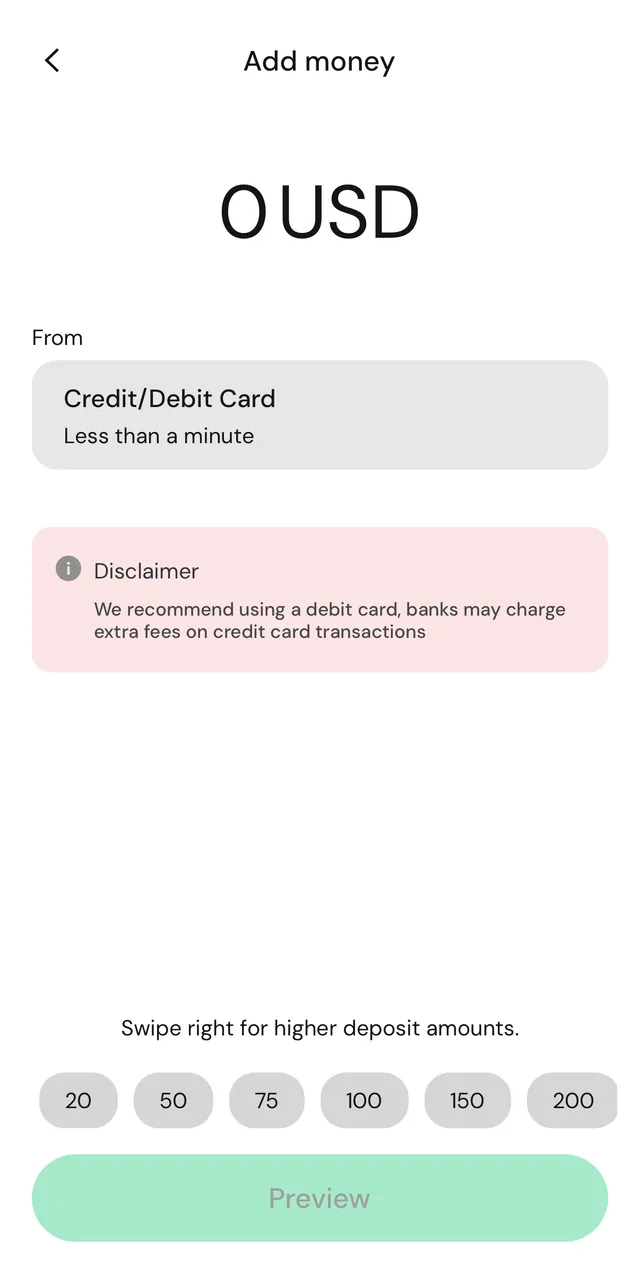 The card amount screen in the Fasset app: 0 USD, Credit/Debit Card selected, quick amounts from 20 to 200 and a Preview button.