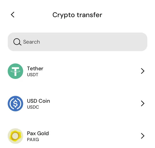 The top of the Crypto transfer screen in the Fasset app: a search field and Tether, USD Coin and Pax Gold.