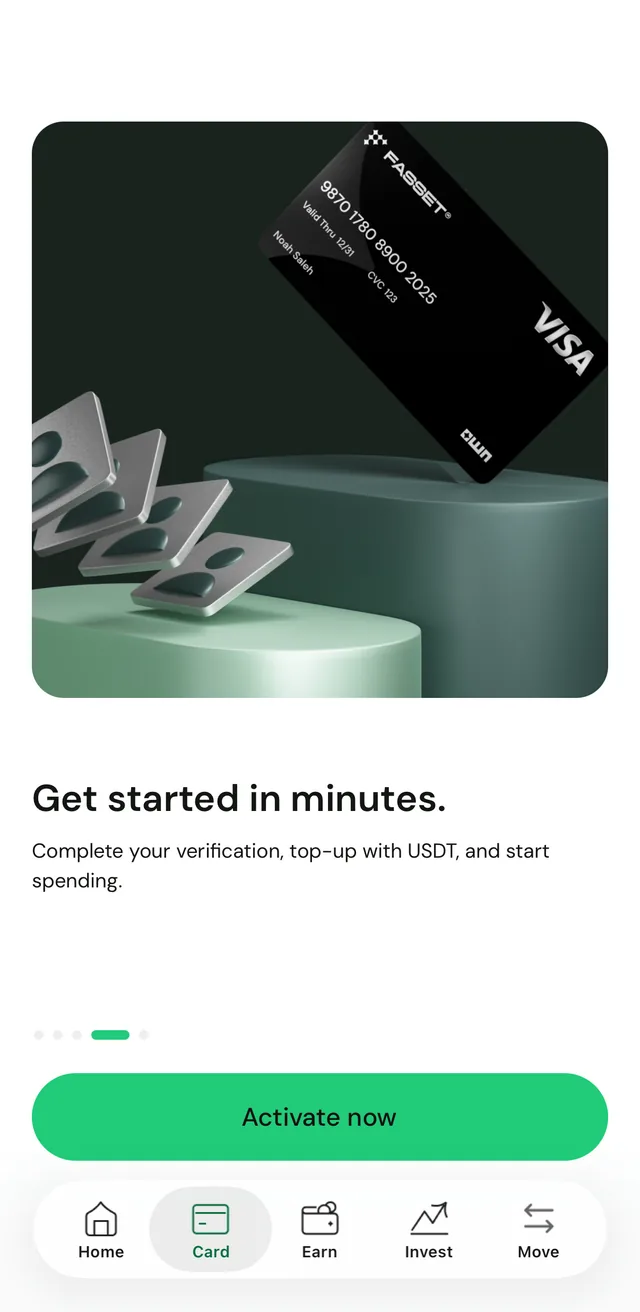 The Card tab in the Fasset app showing "Get started in minutes." above an Activate now button.