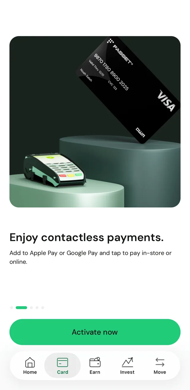 The Card tab in the Fasset app showing "Enjoy contactless payments." above an Activate now button.