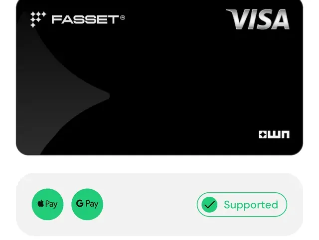 A black Fasset Visa card above Apple Pay and Google Pay marked Supported, on the virtual card activation screen.