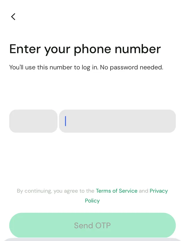 The Enter your phone number screen in the Fasset app: "You'll use this number to log in. No password needed." above the number field and a Send OTP button.