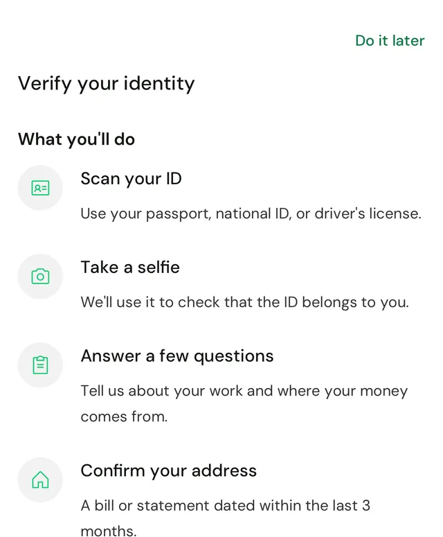 The Verify your identity screen in the Fasset app listing what you'll do: scan your ID, take a selfie, answer a few questions and confirm your address.