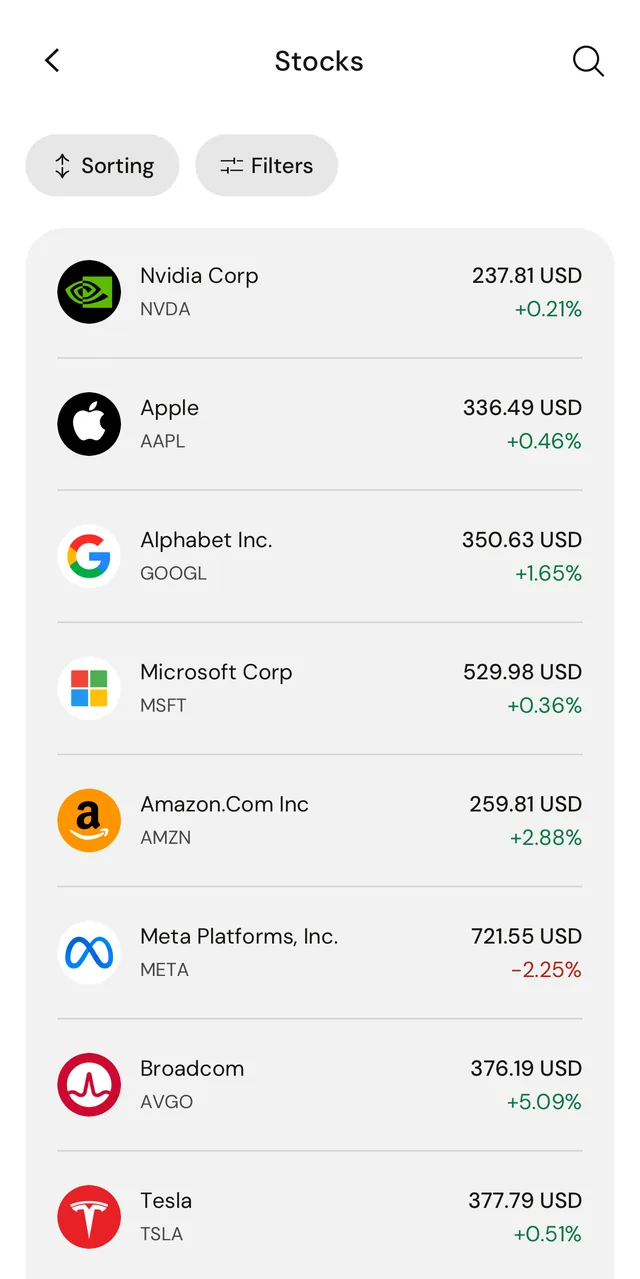 The Stocks list in the Fasset app with Sorting and Filters buttons and companies such as Nvidia, Apple, Alphabet and Microsoft.
