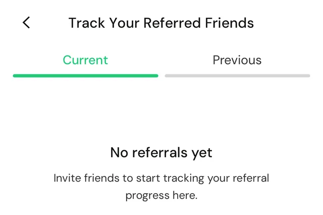 The Track Your Referred Friends screen in the Fasset app with Current and Previous tabs and "No referrals yet".