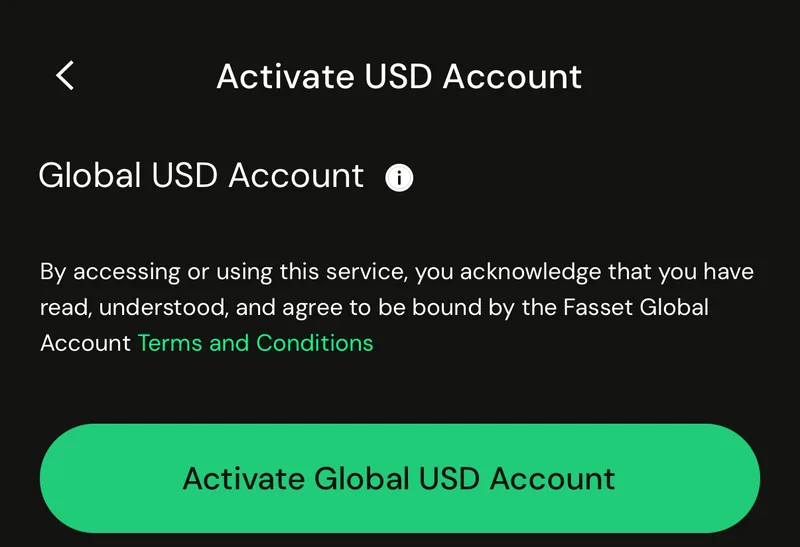The Activate USD Account screen in the Fasset app, with the Global USD Account title, the terms line and the Activate Global USD Account button.