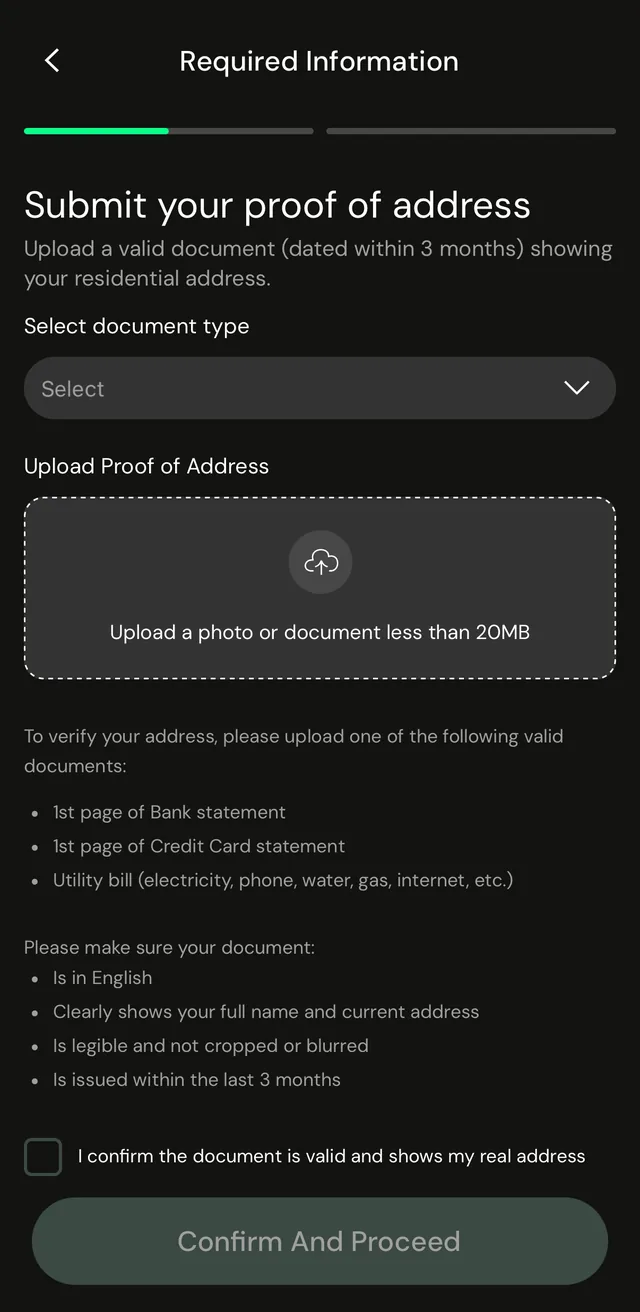 The Submit your proof of address screen in the Fasset app, with a document type picker, an upload box and the list of accepted documents.